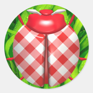 Sticker Rond Ladybug grass en vichy vérifier mignon rouge blanc