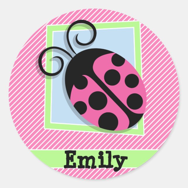 Sticker Rond Ladybug sur bandes rose et blanche (Devant)