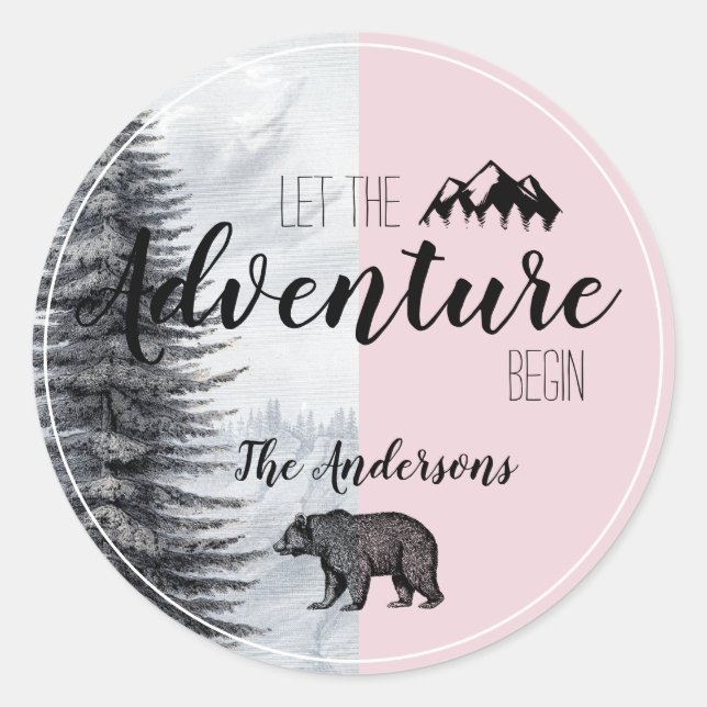 Sticker Rond Laisser L'Aventure Commencer Baby shower Ours Rose (Devant)