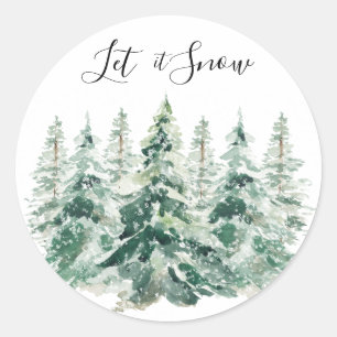 Sticker Rond Laisser Neige Aquarelle Pins de Noël Arbres
