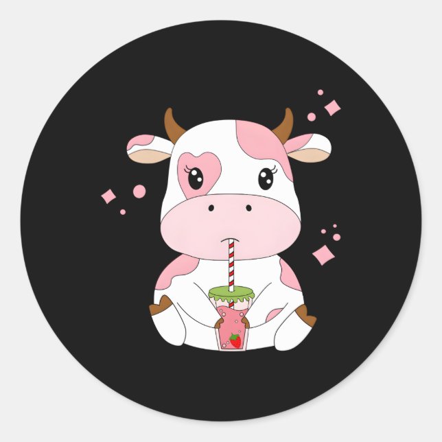 Sticker Rond Lait de fraise Kawaii Aesthétique K Vache Imprimer (Devant)
