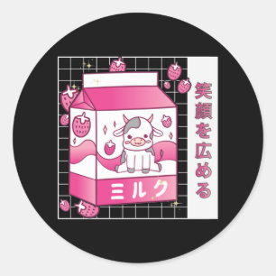 Sticker Rond Lait de fraise nippon Carton Vache mignonne
