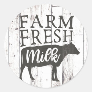 Sticker Rond Lait de vache frais de ferme blanc en bois ferme d