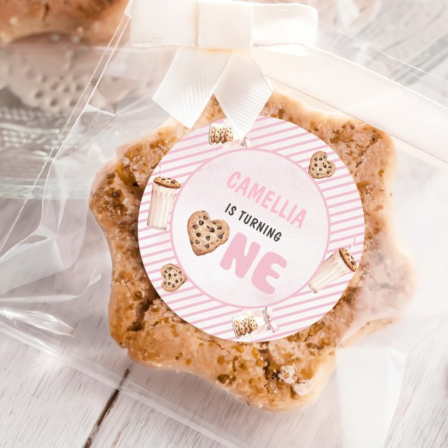 Sticker Rond Lait et biscuits Pink Fête du premier anniversaire (Créateur téléchargé)