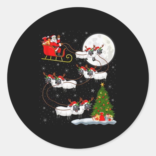 Sticker Rond Lambs Sheep Santa Sleigh Flying Funny Magical Chri (Devant)