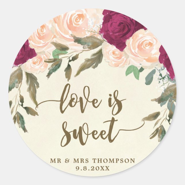 Sticker Rond l'amour est douce pêche burgundy collant de faveur (Devant)