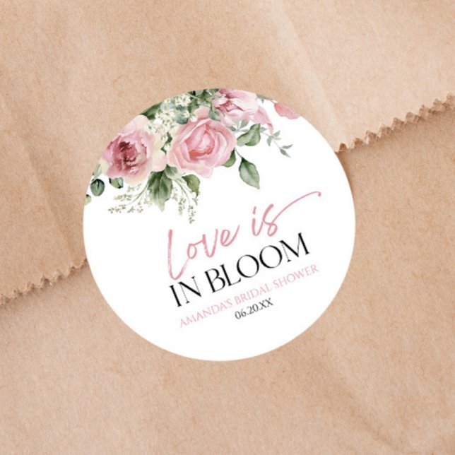 Sticker Rond L'Amour Est En Fleur Rose Rose Fête des mariées Fl (Créateur téléchargé)