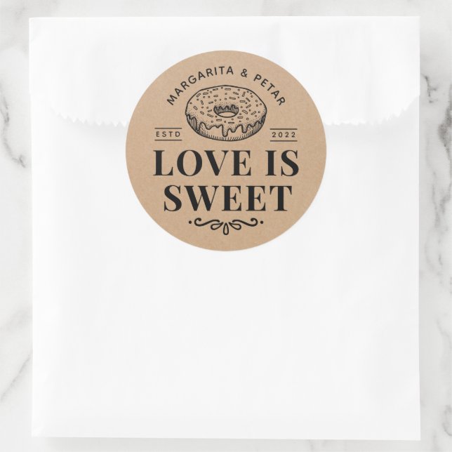 Sticker Rond L'amour est la beigne douce Mariage rustique Kraft (Sac)
