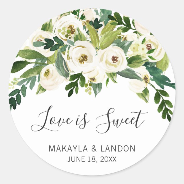 Sticker Rond L'Amour Est Vert Doux Blanc Floral Mariage (Devant)