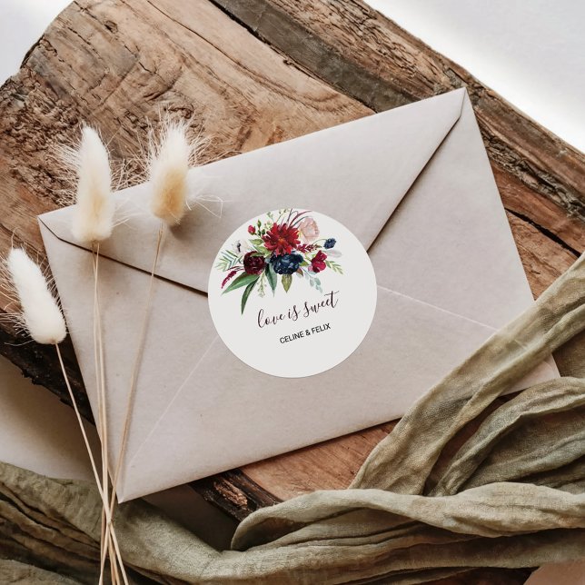 Sticker Rond L'Amour Floral de la marine bourguignonne moderne  (Créateur téléchargé)