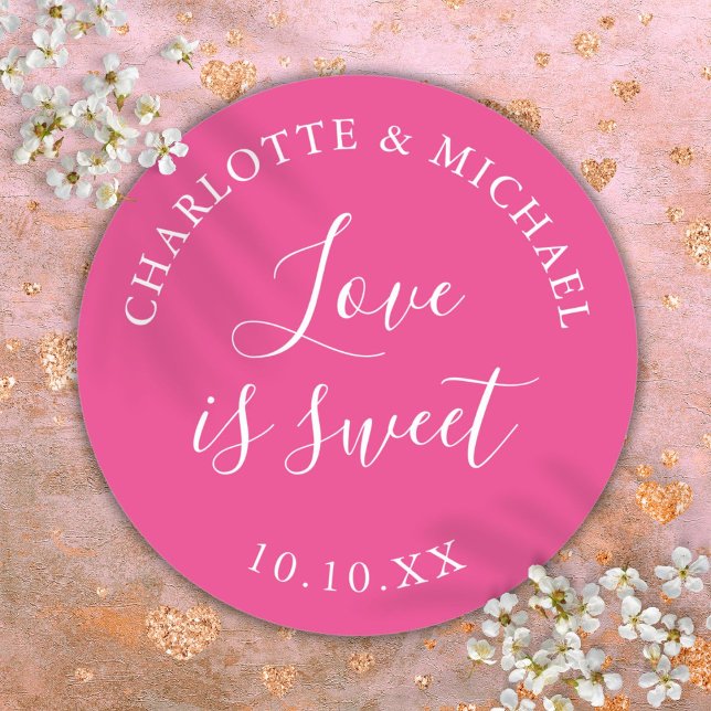 Sticker Rond L'Amour Rose Chaud Est La Faveur Mariage Douce (Hot Pink Love Is Sweet Wedding Favor Classic Round Sticker)