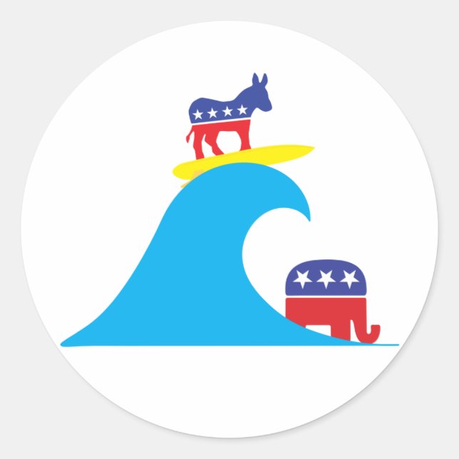 Sticker Rond L'âne démocrate roule dans la vague bleue (Devant)