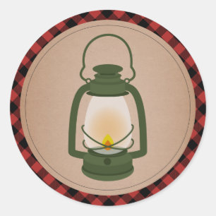 Sticker Rond Lanterne de Camping Vert Plaid