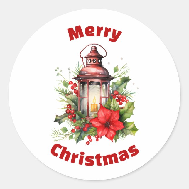 Sticker Rond Lanterne rouge de Noël Poinsettia et pin (Devant)