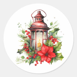 Sticker Rond Lanterne rouge de Noël Poinsettia et pin