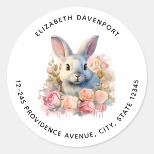 Sticker Rond Lapin avec une guirlande de roses Adresse mignonne