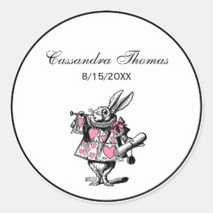 Sticker Rond Lapin Blanc Trompettiste Alice Av Merveilles Rose