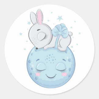 Sticker Rond Lapin Bleu assis sur une lune