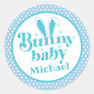 Sticker Rond Lapin Bleu Mignon Bébé Garçon " Pâques Personnalis