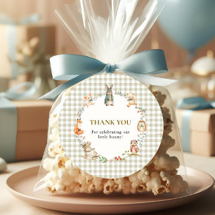 Sticker Rond Lapin Capriceux à Carreaux Merci Baby Shower 