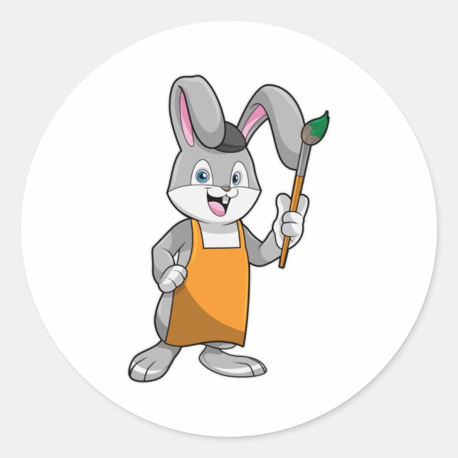 Sticker Rond Lapin comme Peintre avec pinceau (Devant)