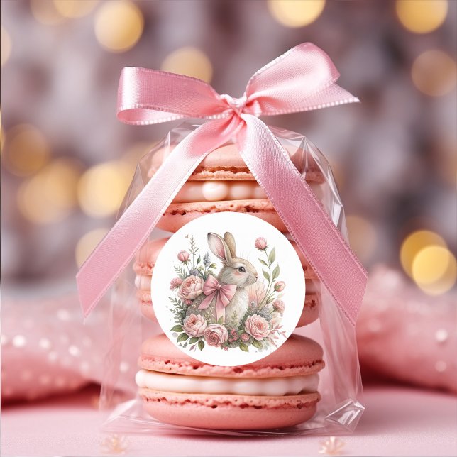Sticker Rond Lapin de Pâques Arc Rose Fleurs (Easter bunny with pink bow sticker)