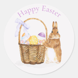 Sticker Rond Lapin de Pâques avec panier à oeufs de Pâques