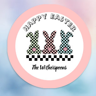 Sticker Rond Lapin de Pâques Damier Rose Vert Bleu Turquoise Mo