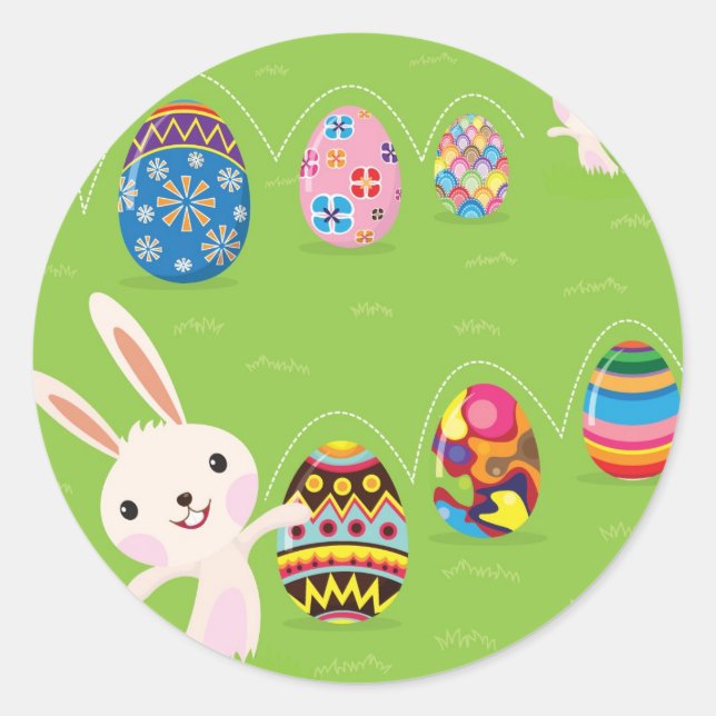 Sticker Rond Lapin de Pâques jouant avec des oeufs peints (Devant)