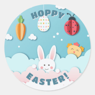 Sticker Rond Lapin de Pâques, Oeuf, Carotte et Ladybug papier d