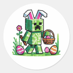 Sticker Rond Lapin de Pâques Pixel Gaming Chasse aux œufs
