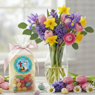Sticker Rond Lapin de Pâques religieux avec croix et œuf floral