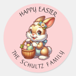 Sticker Rond Lapin et panier Vintage de Pâques personnalisés