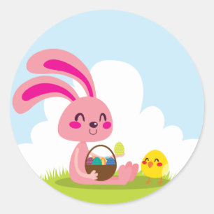 Sticker Rond Lapin et poussin de Pâques