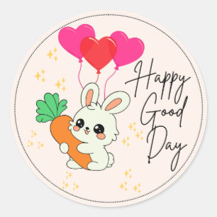 Sticker Rond Lapin heureux beige tenant une carotte