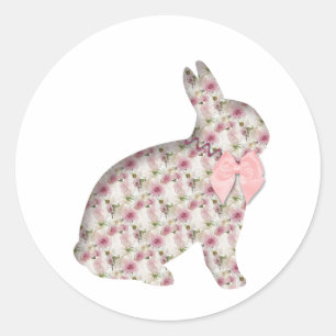 Sticker Rond Lapin Lapin Collage Découpage Fleurs roses Pâques