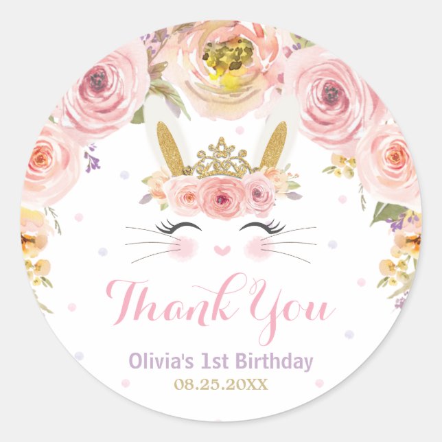 Sticker Rond Lapin Lapin Cute Rose Floral 1er Anniversaire (Devant)