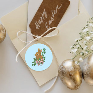 Sticker Rond Lapin Lapin Fleurs Roses