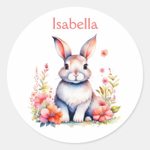 Sticker Rond Lapin lapin personnalisé en Fleurs roses