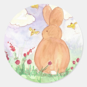 Sticker Rond Lapin Lapin Printemps Jardin Animaux Aquarelle