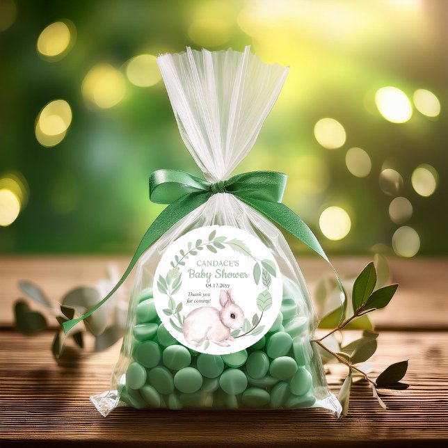 Sticker Rond Lapin Lapin Sage Floral Wreath Baby shower (Cute Bunny Rabbit and Sage Green Eucalyptus Floral Wreath Baby Shower Thank You Large Round Sticker)