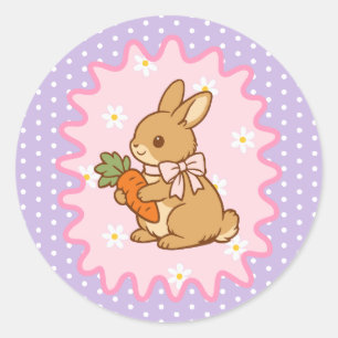 Sticker Rond Lapin Mignon Carotte & Marguerite Violet