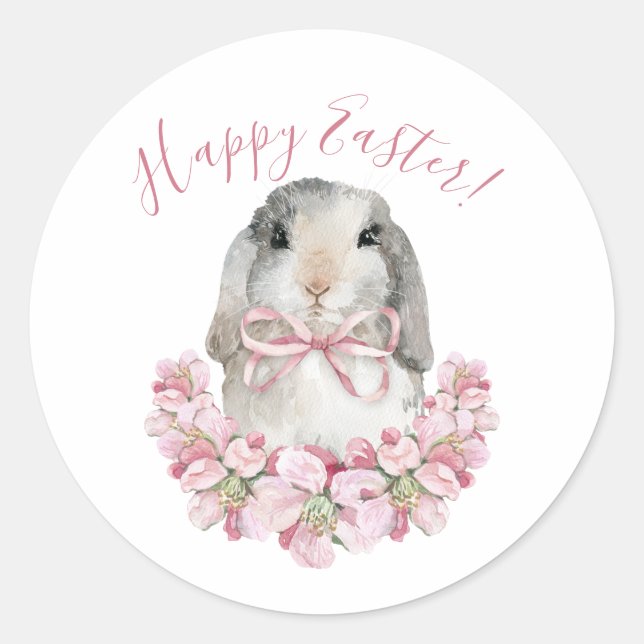 Sticker Rond Lapin mignon écriture joyeuses Pâques florale rose (Devant)