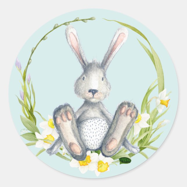 Sticker Rond Lapin mou au printemps Floral Wreath Blue (Devant)
