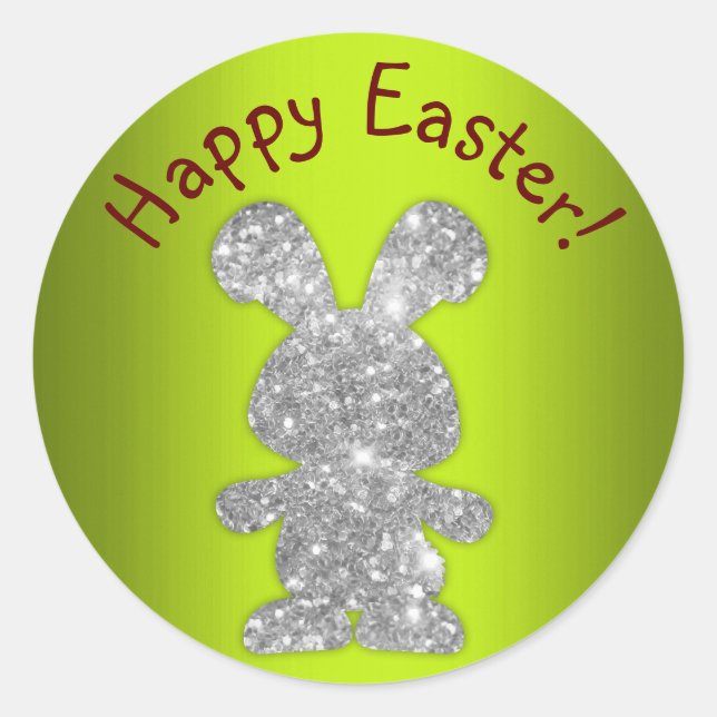 Sticker Rond Lapin Parties scintillant Argent Joyeux Pâques (Devant)