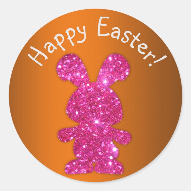 Sticker Rond Lapin Parties scintillant Rose Joyeux Pâques (Devant)
