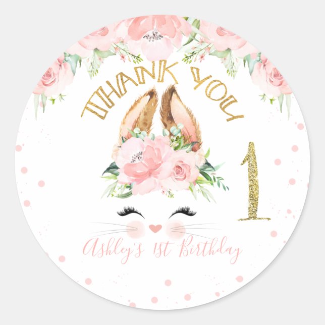 Sticker Rond Lapin rose Floral Face Merci 1er anniversaire (Devant)