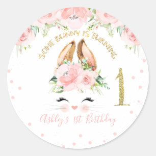 Sticker Rond Lapin rose Floral Visage 1er Anniversaire