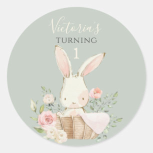 Sticker Rond Lapin Rose Mignon 1 Un Anniversaire Vert