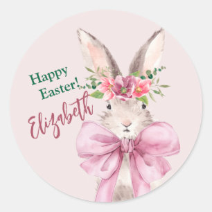 Sticker Rond lapin rose moderne Joyeux lapin de Pâques